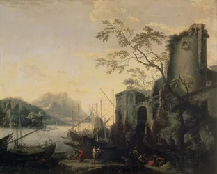 Paysage fluvial avec bateaux et ruines